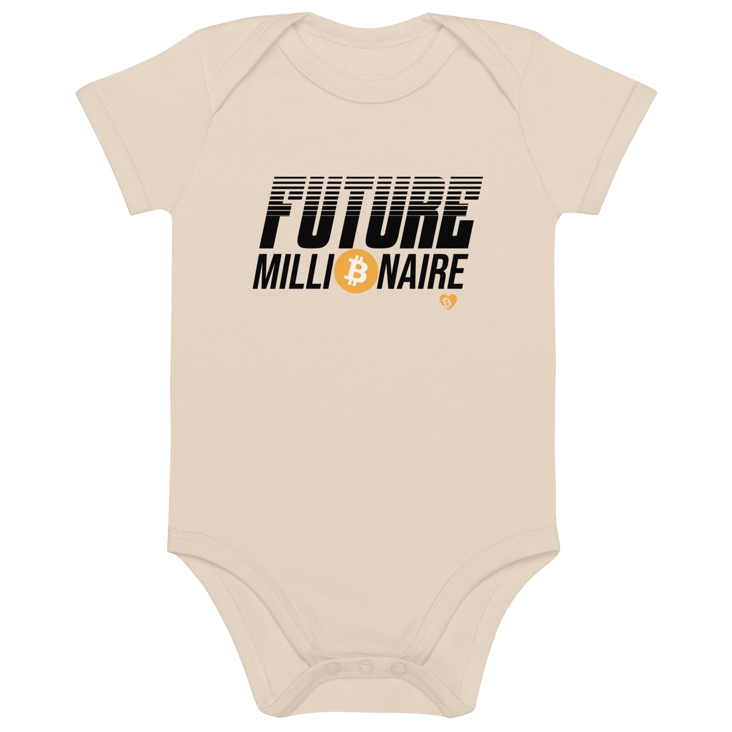 Beige baby onesie with 'Future bitcoin Millionaire' text and Bitcoin symbol on a white background