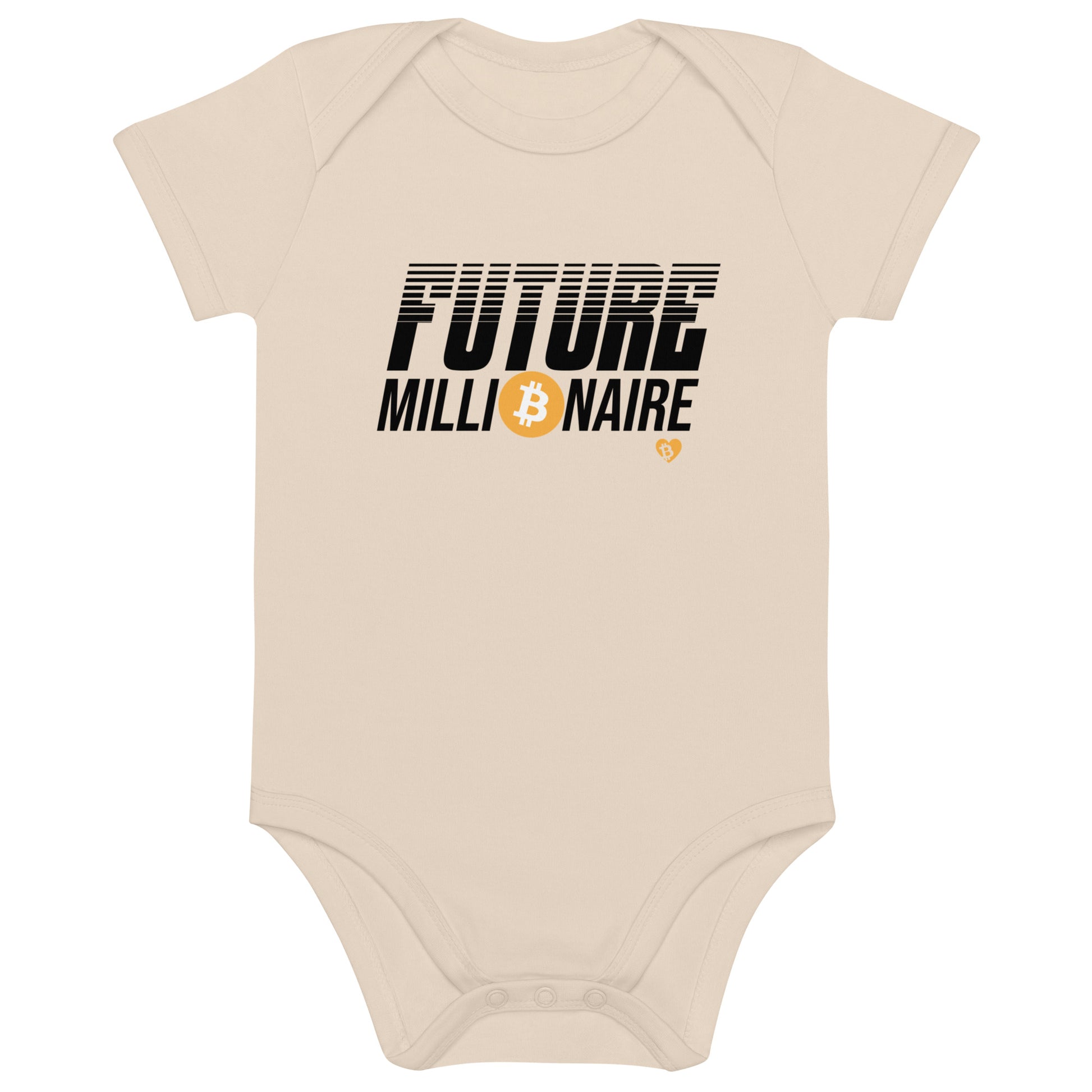 Beige baby onesie with 'Future bitcoin Millionaire' text and Bitcoin symbol on a white background