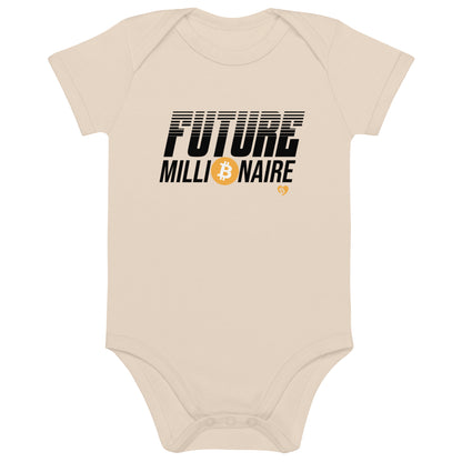 Beige baby onesie with 'Future bitcoin Millionaire' text and Bitcoin symbol on a white background