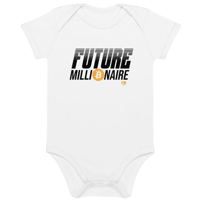White baby onesie with 'Future bitcoin Millionaire' text and Bitcoin symbol on a white background