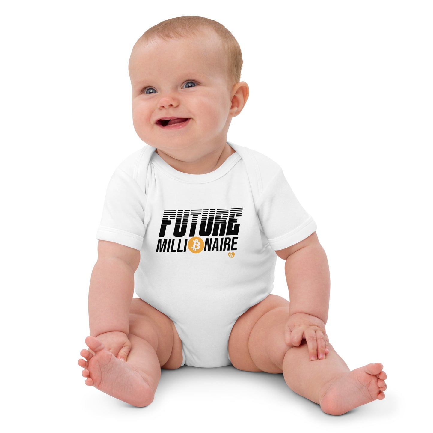 Baby wearing a white onesie with 'FUTURE bitcoin MILLIONAIRE' text on a white background