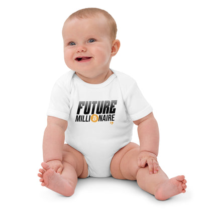 Baby wearing a white onesie with 'FUTURE bitcoin MILLIONAIRE' text on a white background