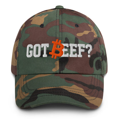 Camouflage cap with 'GOT BEEF?' text and Bitcoin logo on a white background