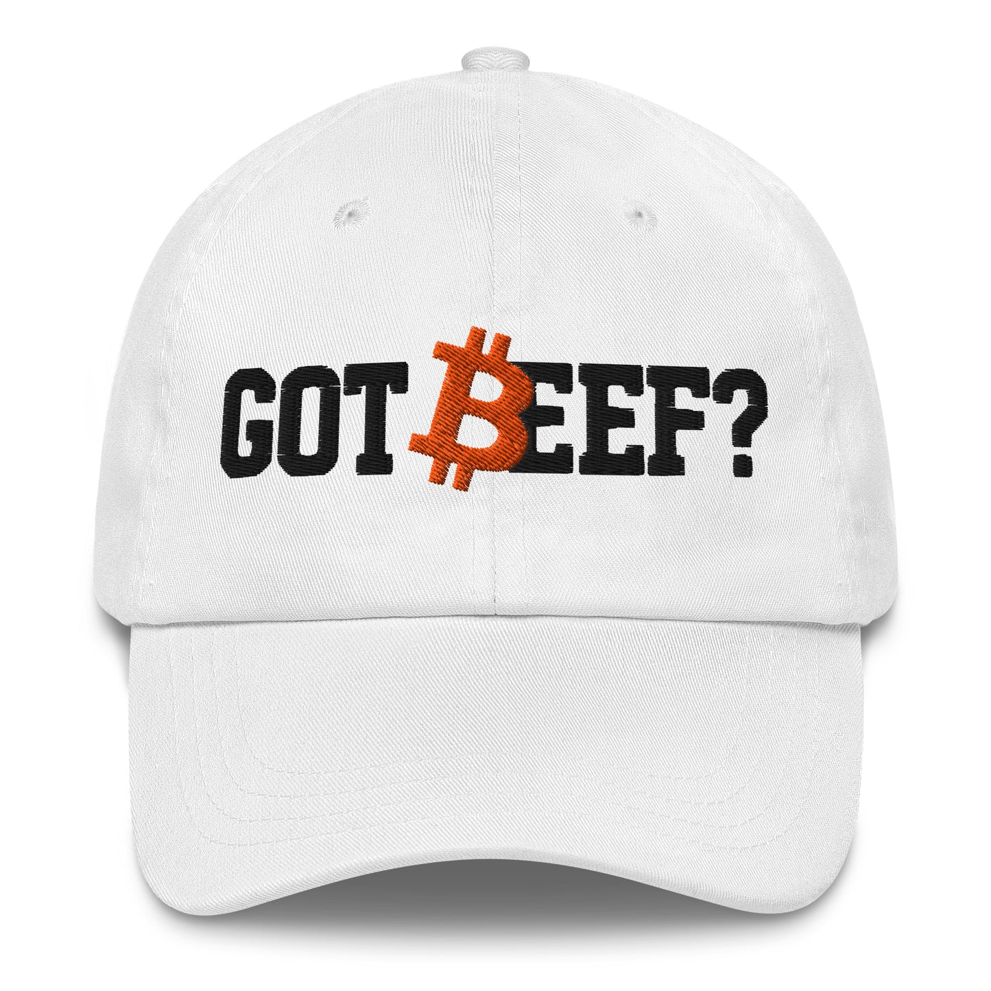 White cap with 'GOT BEEF?' text and Bitcoin logo on a white background
