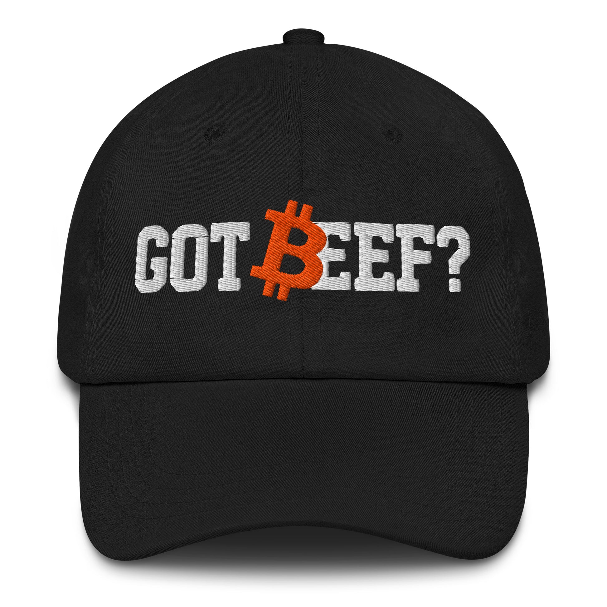 Black cap with 'GOT BEEF?' text and Bitcoin logo on a white background