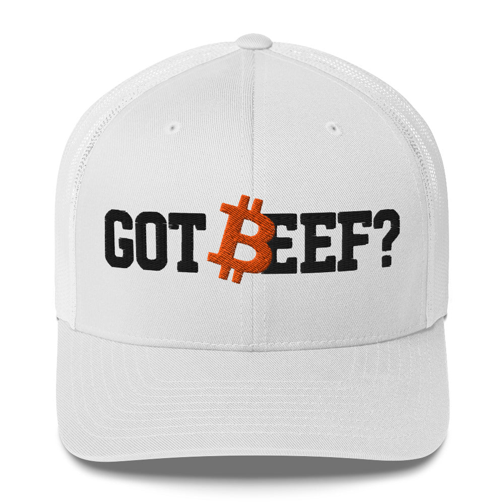 White cap with 'GOT BEEF?' text and Bitcoin logo on a white background
