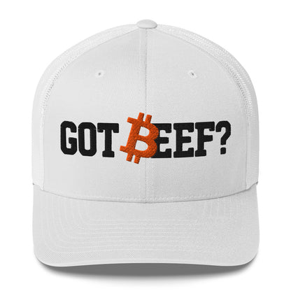 White cap with 'GOT BEEF?' text and Bitcoin logo on a white background