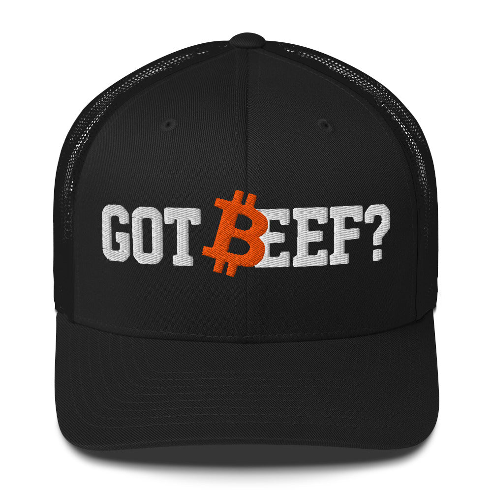 Black cap with 'GOT BEEF?' bitcoin text and Bitcoin logo on a white background