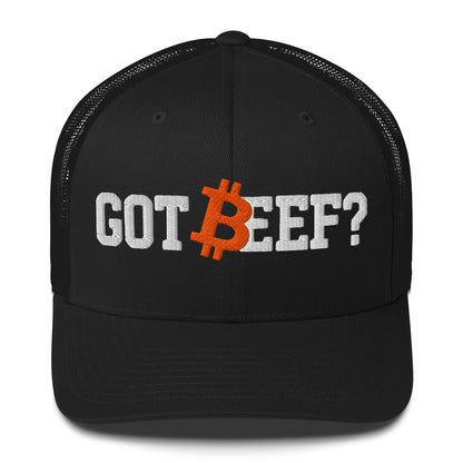Black cap with 'GOT BEEF?' bitcoin text and Bitcoin logo on a white background