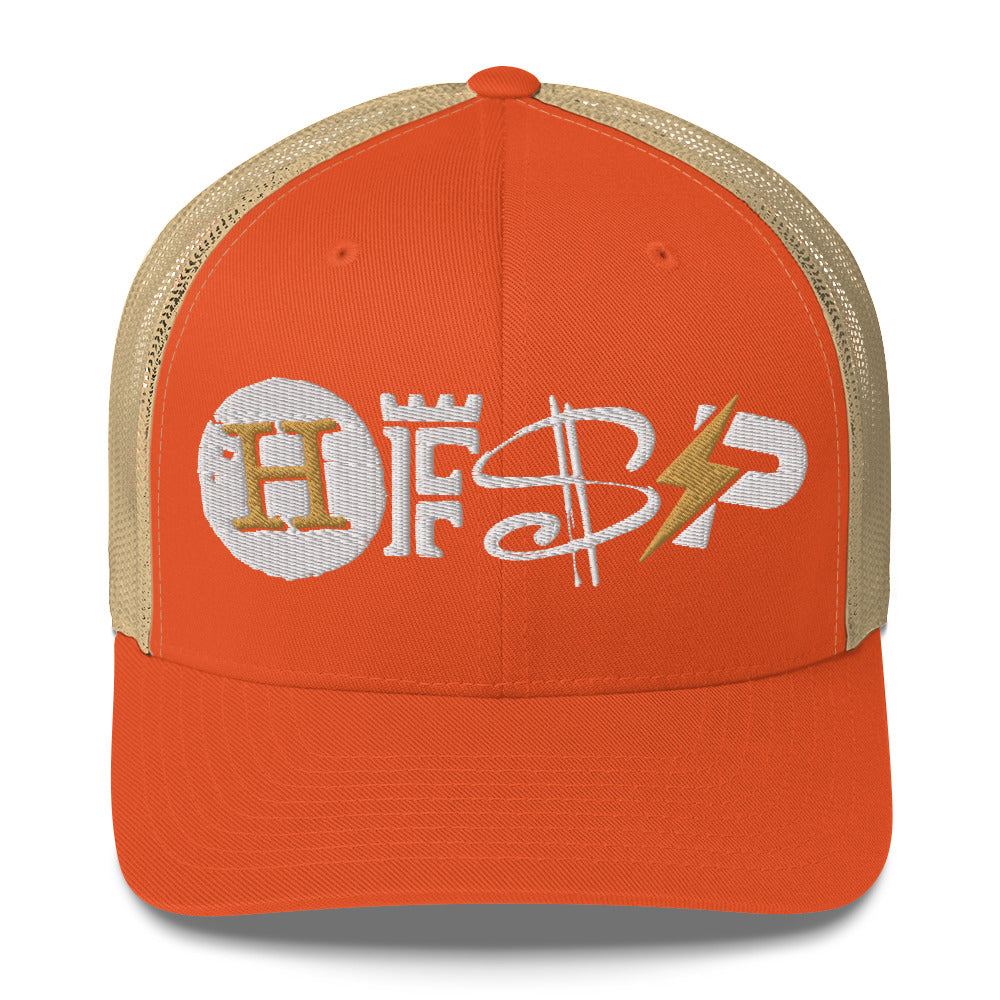 Orange cap with embroidered HFSP logo on a white background