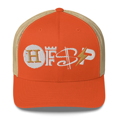 Orange cap with embroidered HFSP logo on a white background