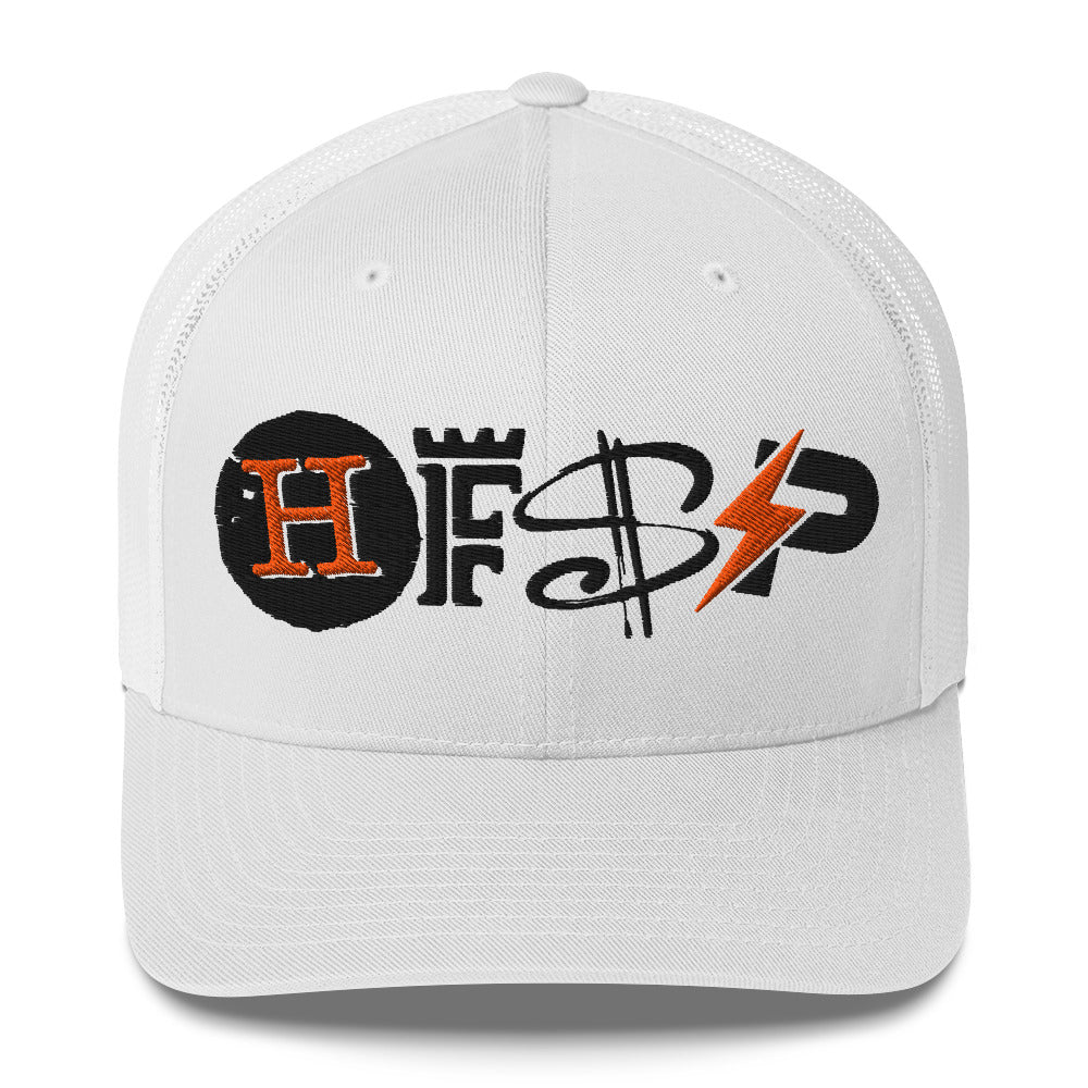 White cap with black, orange HFSP logo on a white background