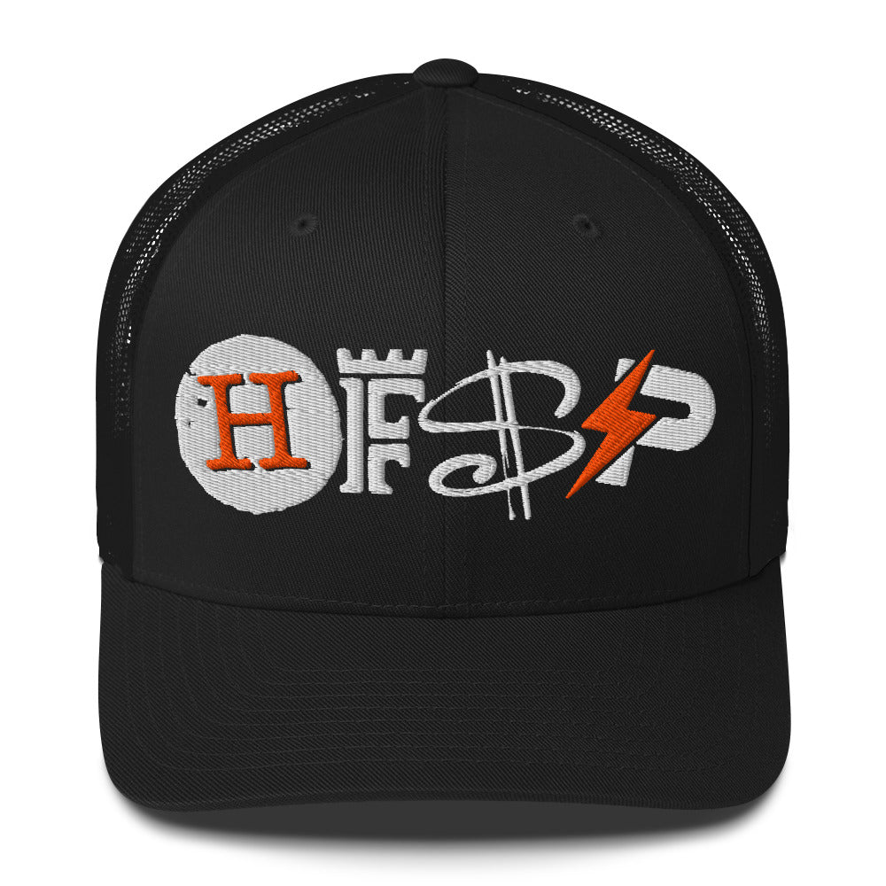 Black cap with embroidered HFSP logo on a white background
