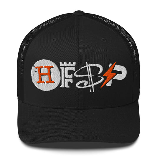 Black cap with embroidered HFSP logo on a white background