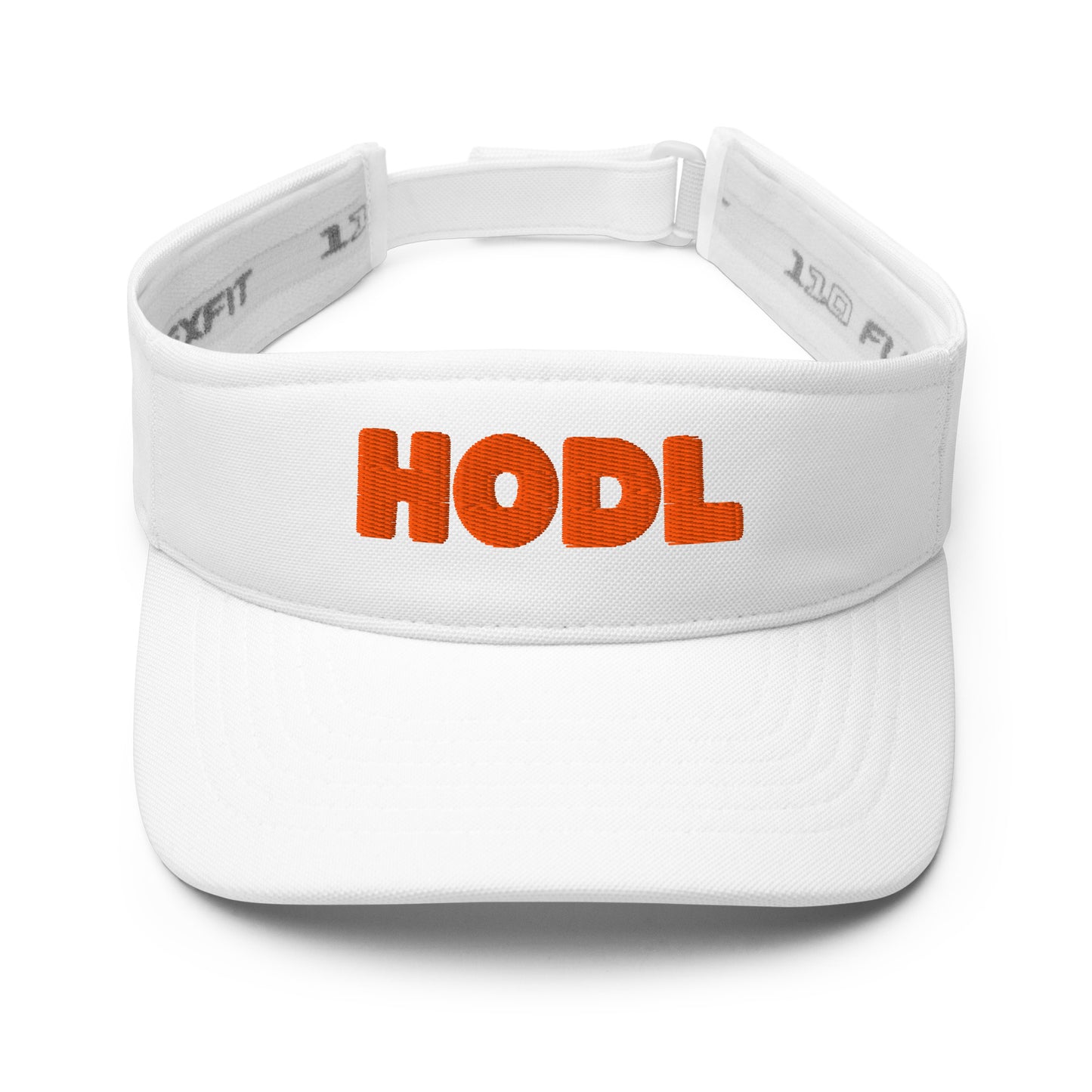 White visor with 'HODL' in orange on a white background