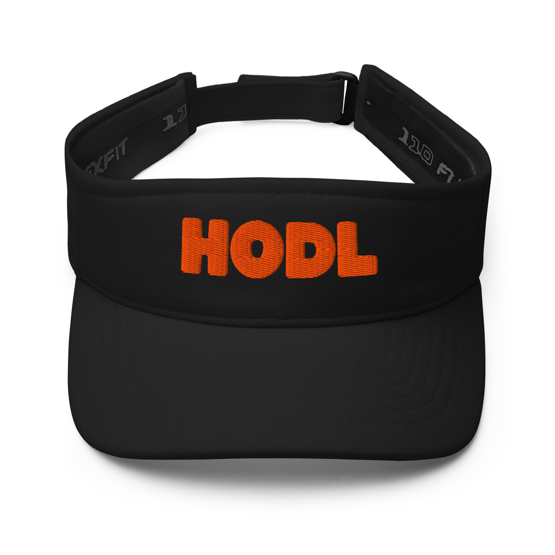 Black visor with orange 'HODL' text on a white background