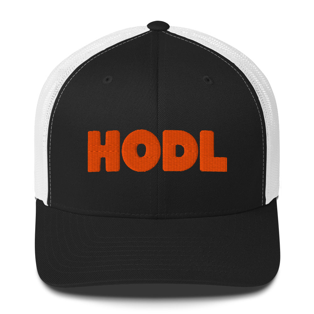 Black and white cap with orange 'HODL' text on a white background