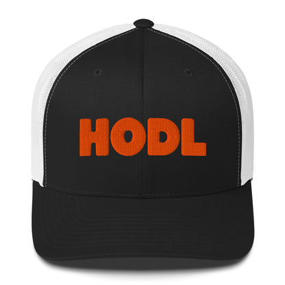 Black and white cap with orange 'HODL' text on a white background
