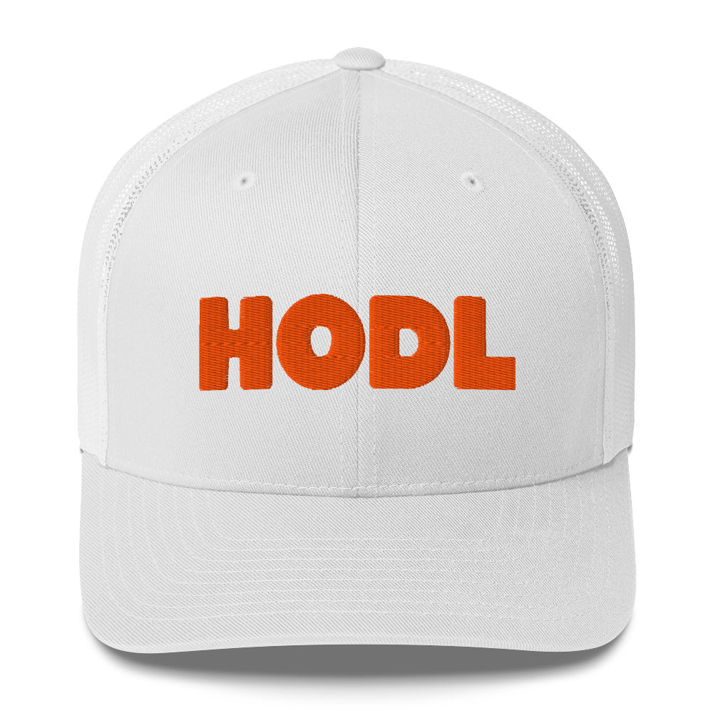 White cap with 'HODL' in orange on a white background