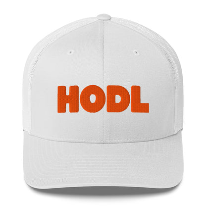 White cap with 'HODL' in orange on a white background