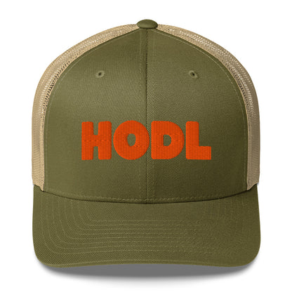 Green and beige cap with 'HODL' in orange on a white background