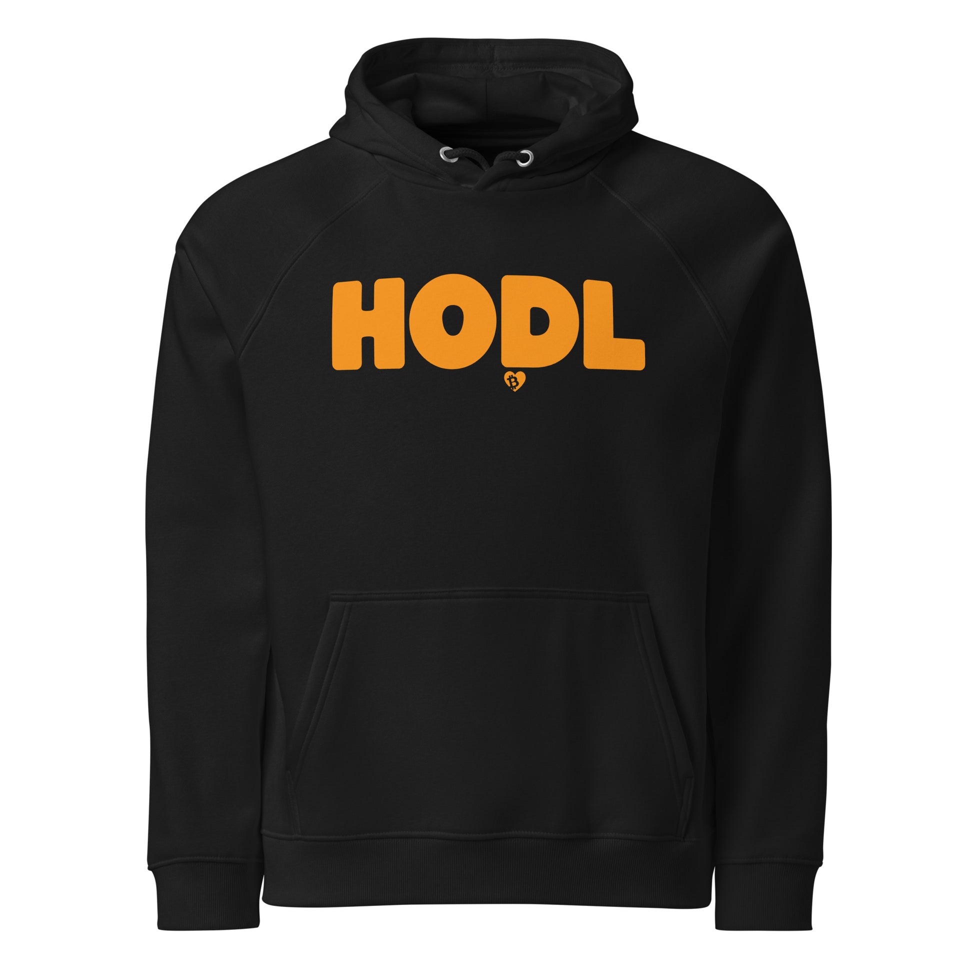 Black hoodie with 'HODL' printed in orange on a white background