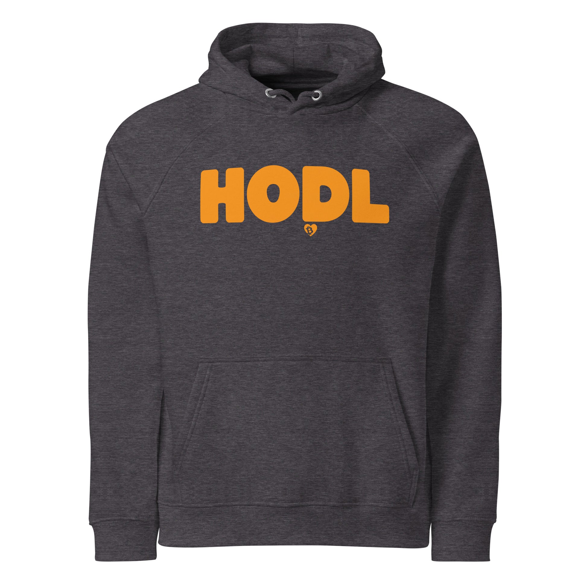 Dark gray hoodie with 'HODL' printed in orange on a white background