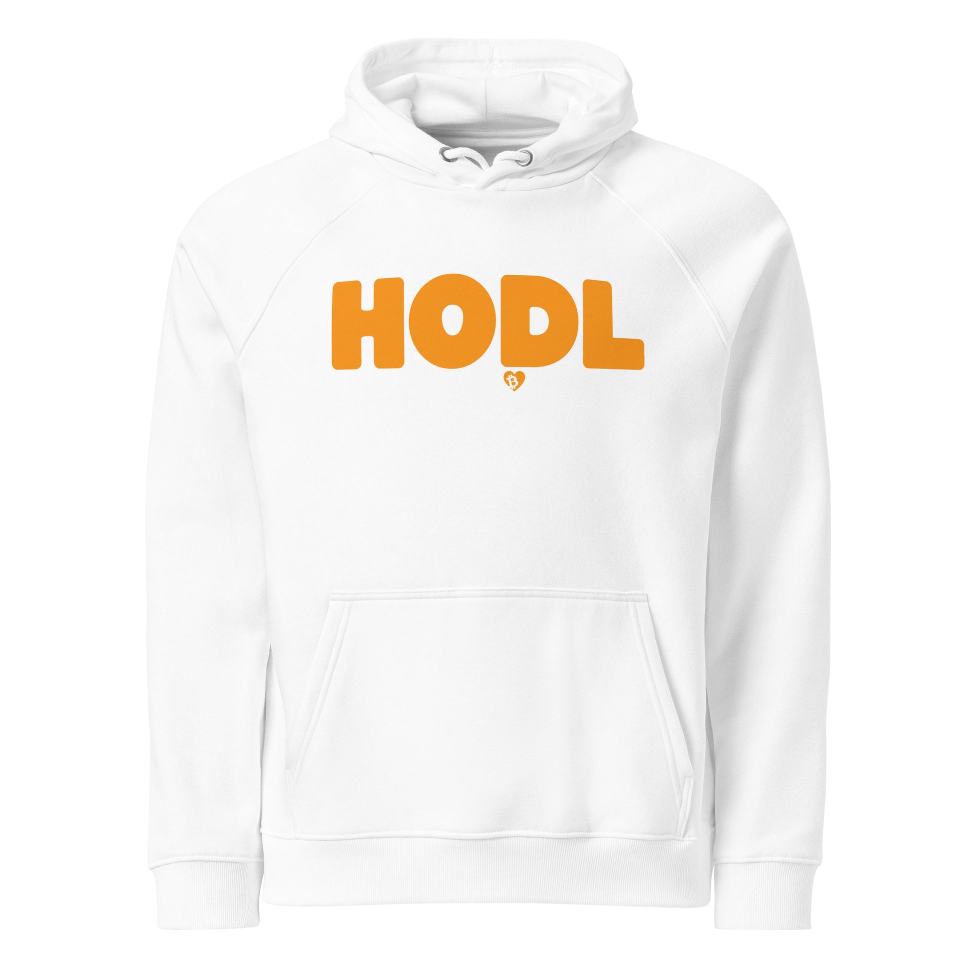 White hoodie with 'HODL' printed in orange on a white background