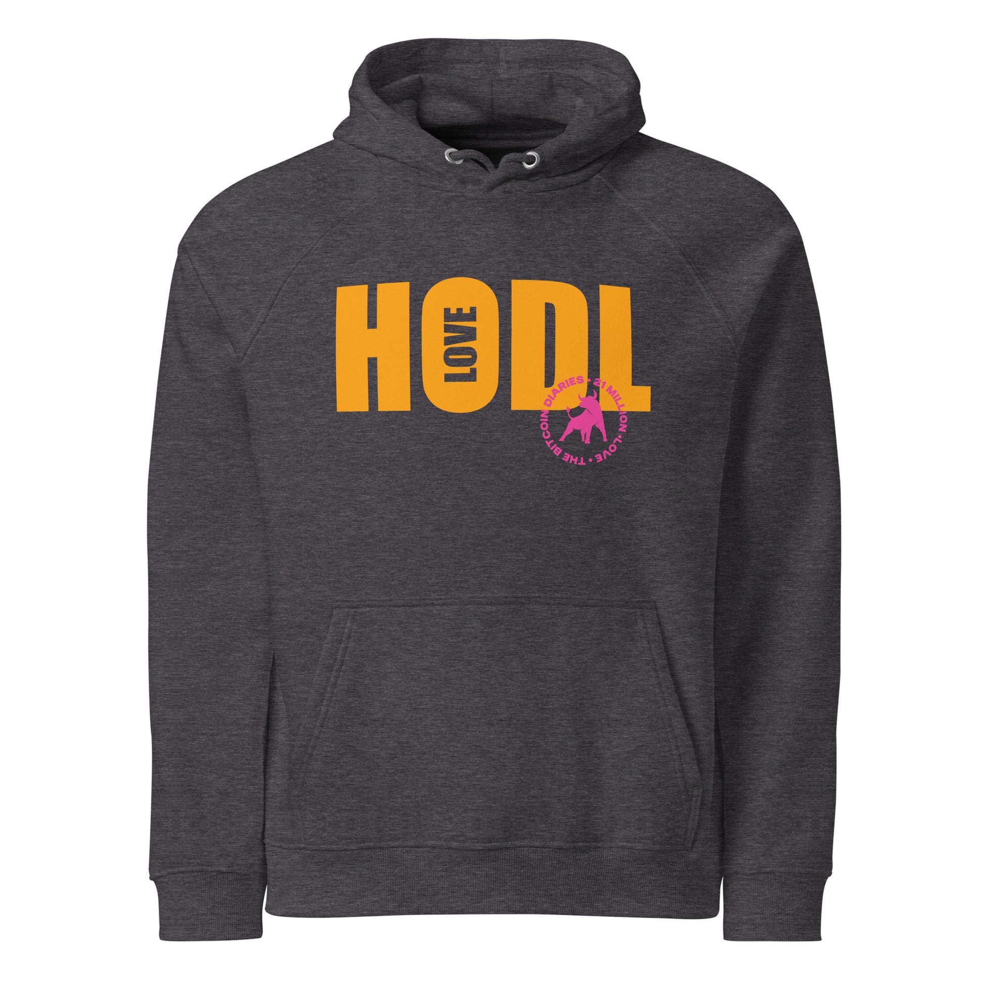 Dark gray hoodie with 'HODL love' in orange and a circular design below on a white background