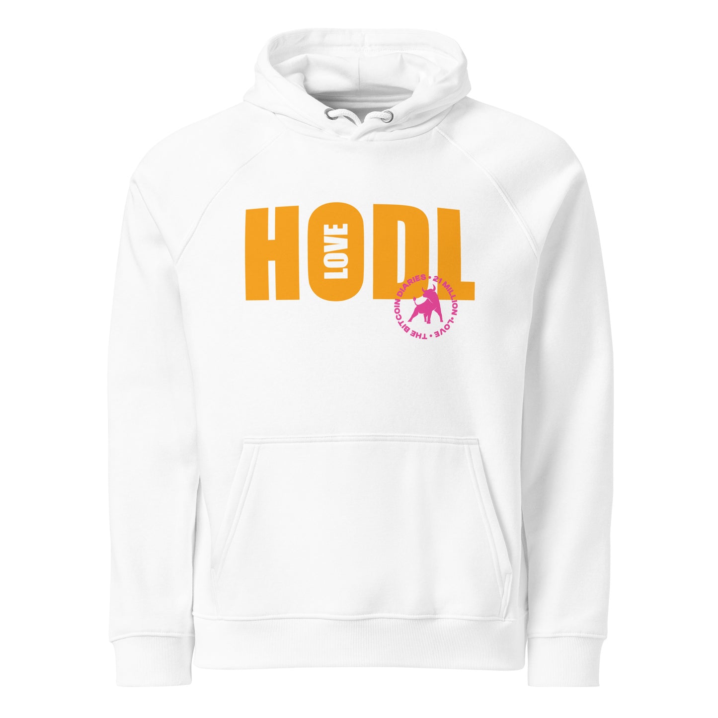 White hoodie with 'HODL love' text and logo on a white background
