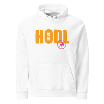 White hoodie with 'HODL love' text and logo on a white background