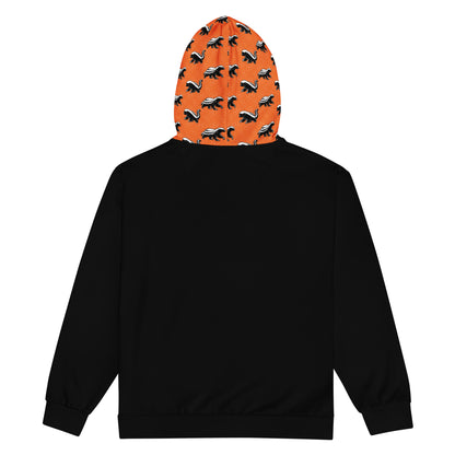Black hoodie with an orange hood featuring black and white honey badgers patterns on a white background