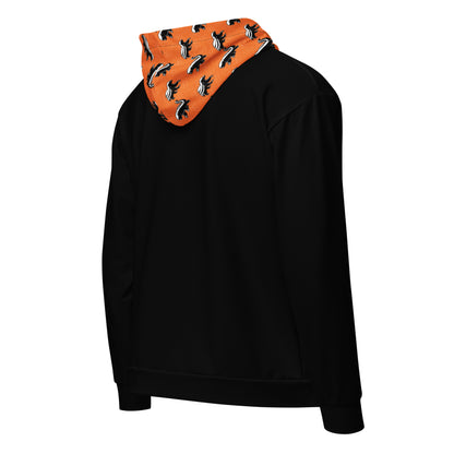 Black hoodie with orange honey badger patterned hood on a white background