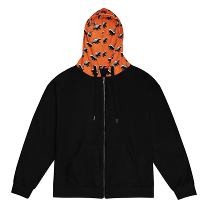Black hoodie with an orange honey badger patterned hood on a white background
