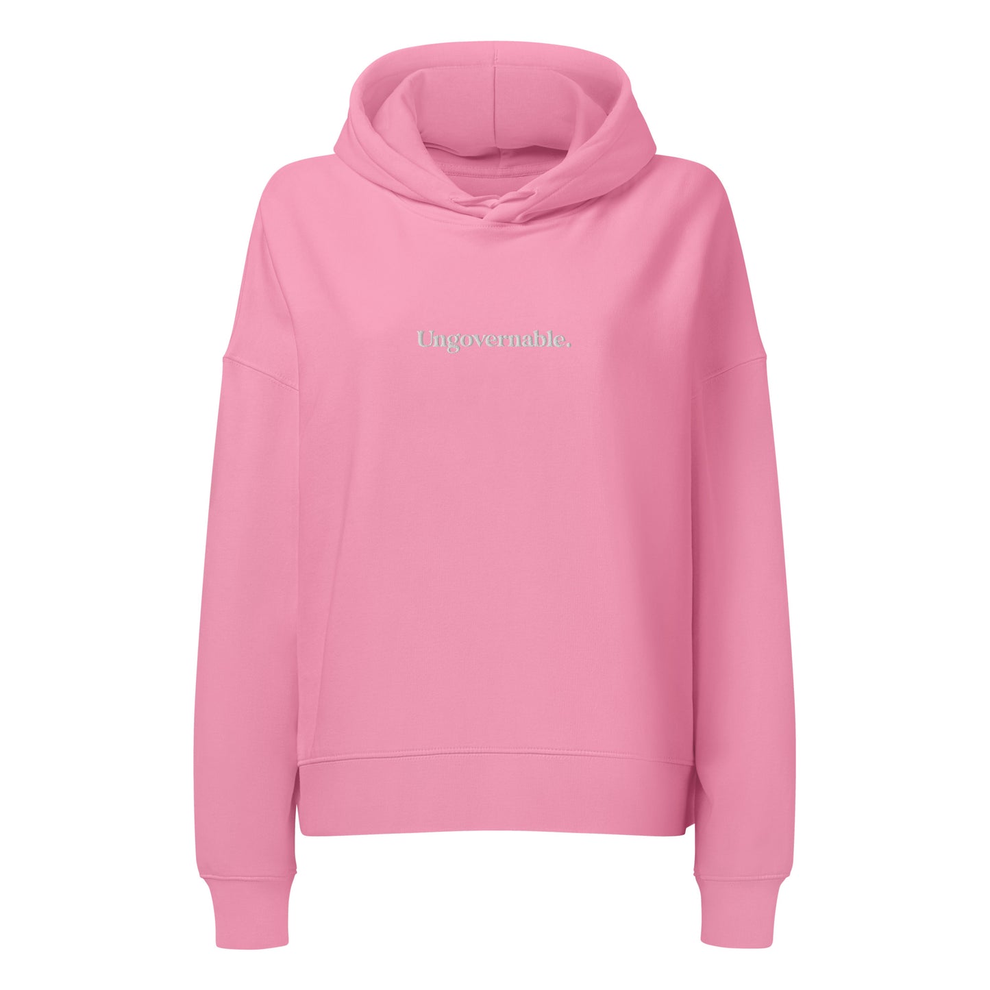 Pink hoodie with 'ungovernable' text on a white background