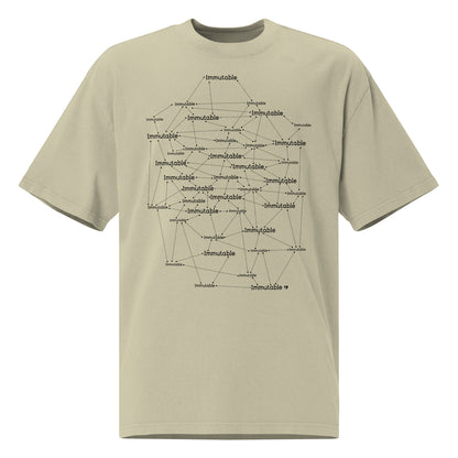 Beige t-shirt with black geometric design and immutable text on a white background