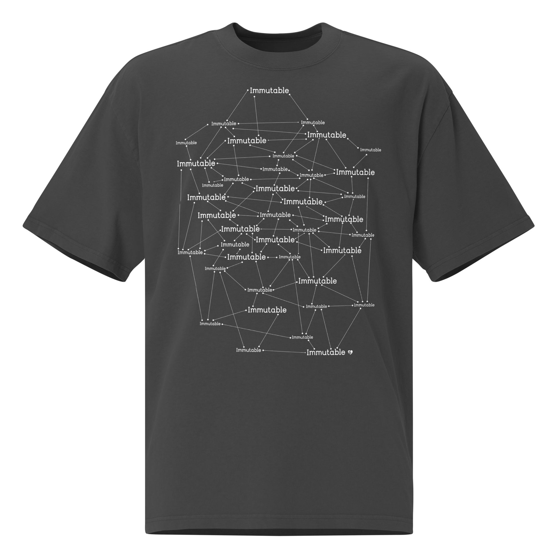 Black t-shirt with white immutable text design on a white background