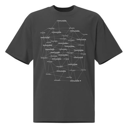 Black t-shirt with white immutable text design on a white background