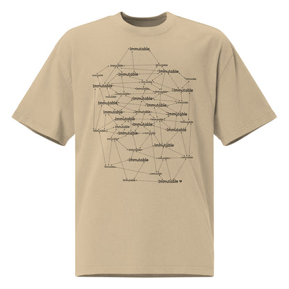 Beige t-shirt with black geometric design and immutable text on a white background