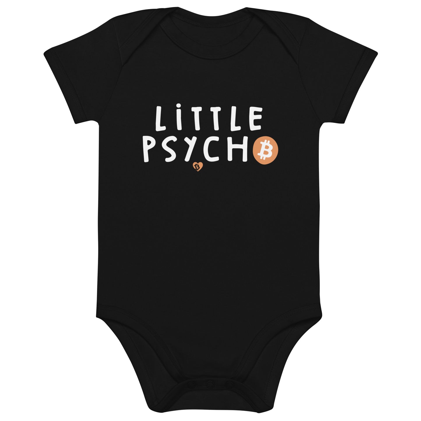 Black baby onesie with 'Little Psycho' text and Bitcoin symbol on a white background