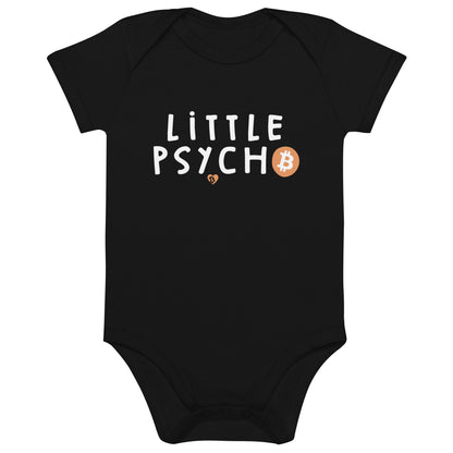 Black baby onesie with 'Little Psycho' text and Bitcoin symbol on a white background