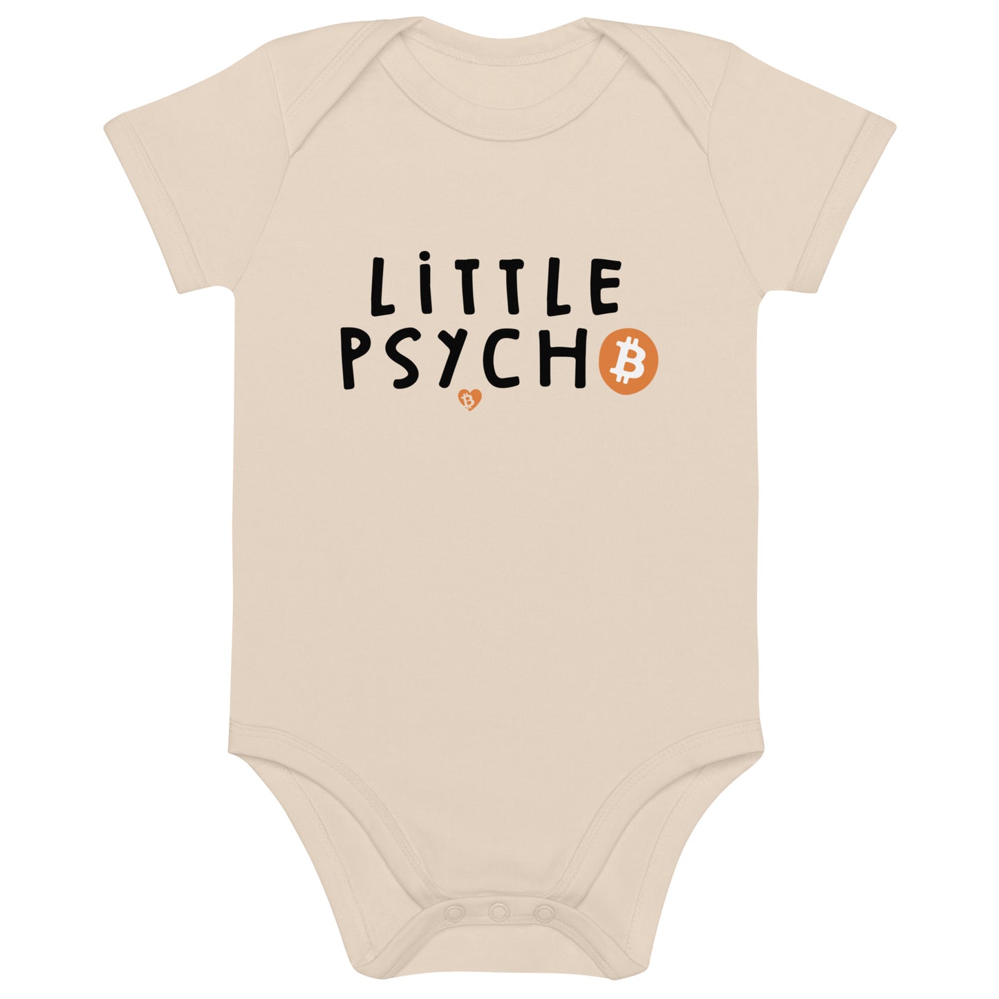 Beige baby onesie with 'Little Psycho' text and Bitcoin logo on a white background