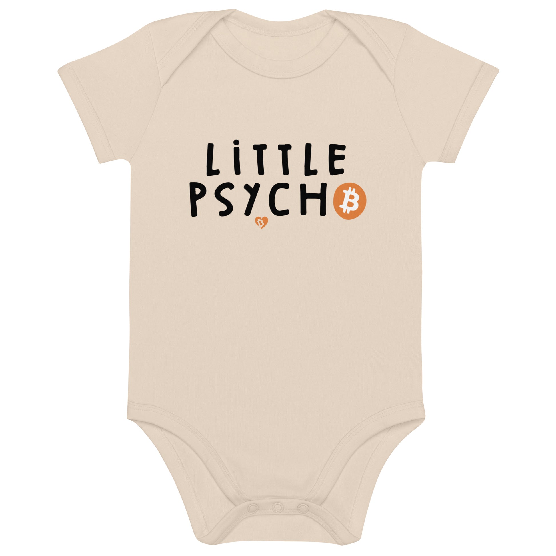 Beige baby onesie with 'Little Psycho' text and Bitcoin logo on a white background