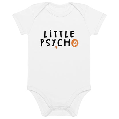 White baby onesie with 'Little Psycho' text and Bitcoin symbol on a white background
