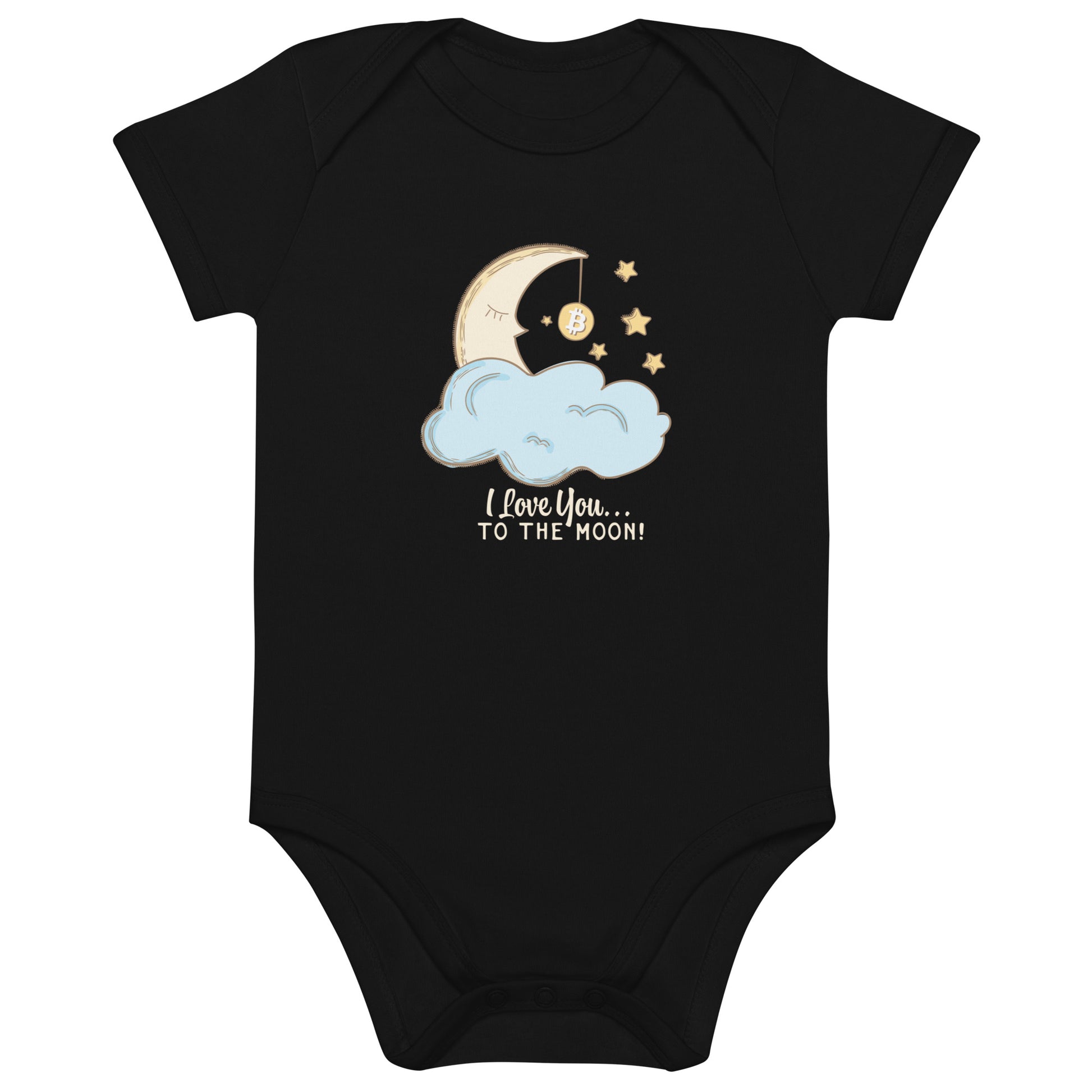 Black baby onesie with moon and cloud i love you to the moon bitcoin design and text on a white background