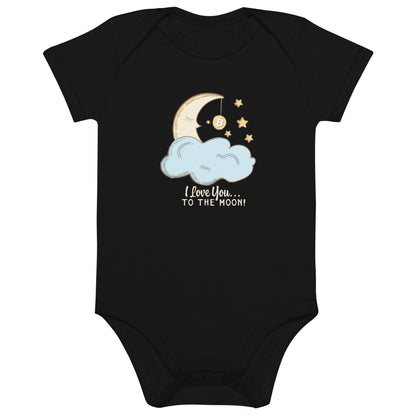 Black baby onesie with moon and cloud i love you to the moon bitcoin design and text on a white background