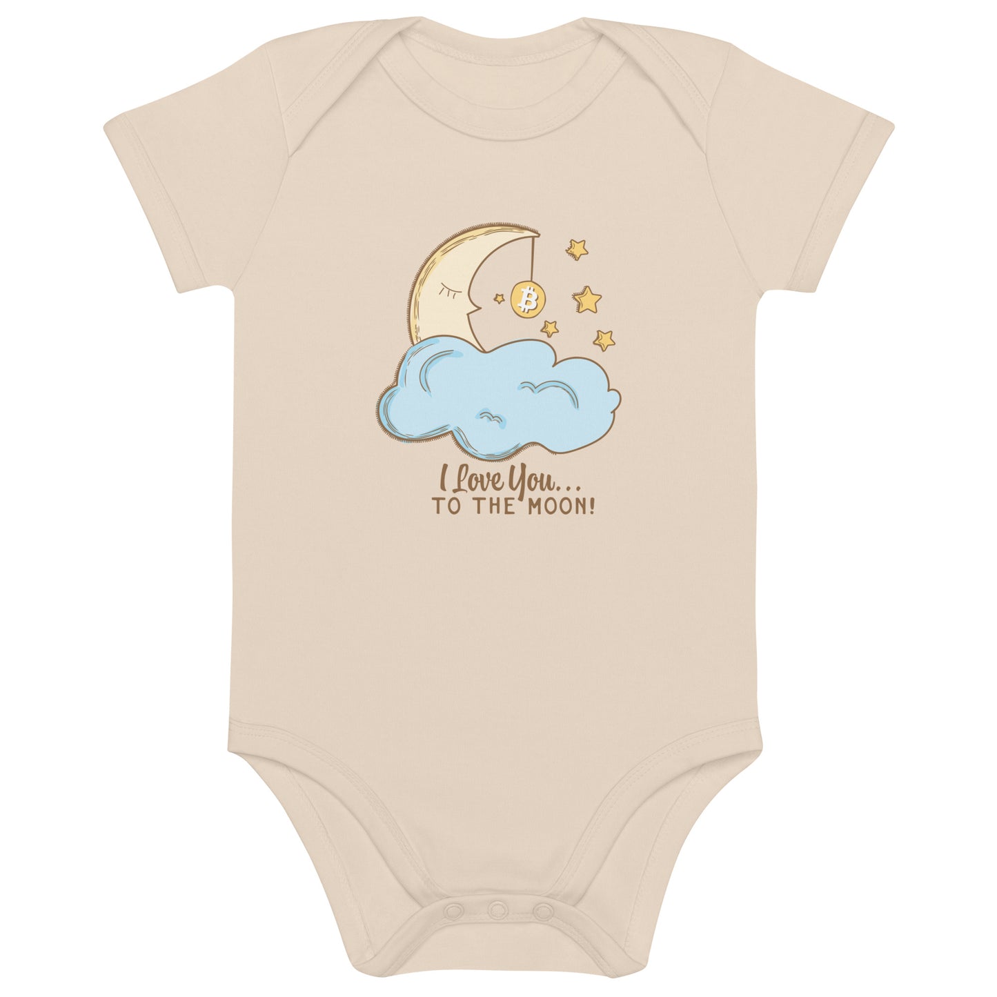Beige baby onesie with moon and cloud i love you to the moon bitcoin design and text on a white background