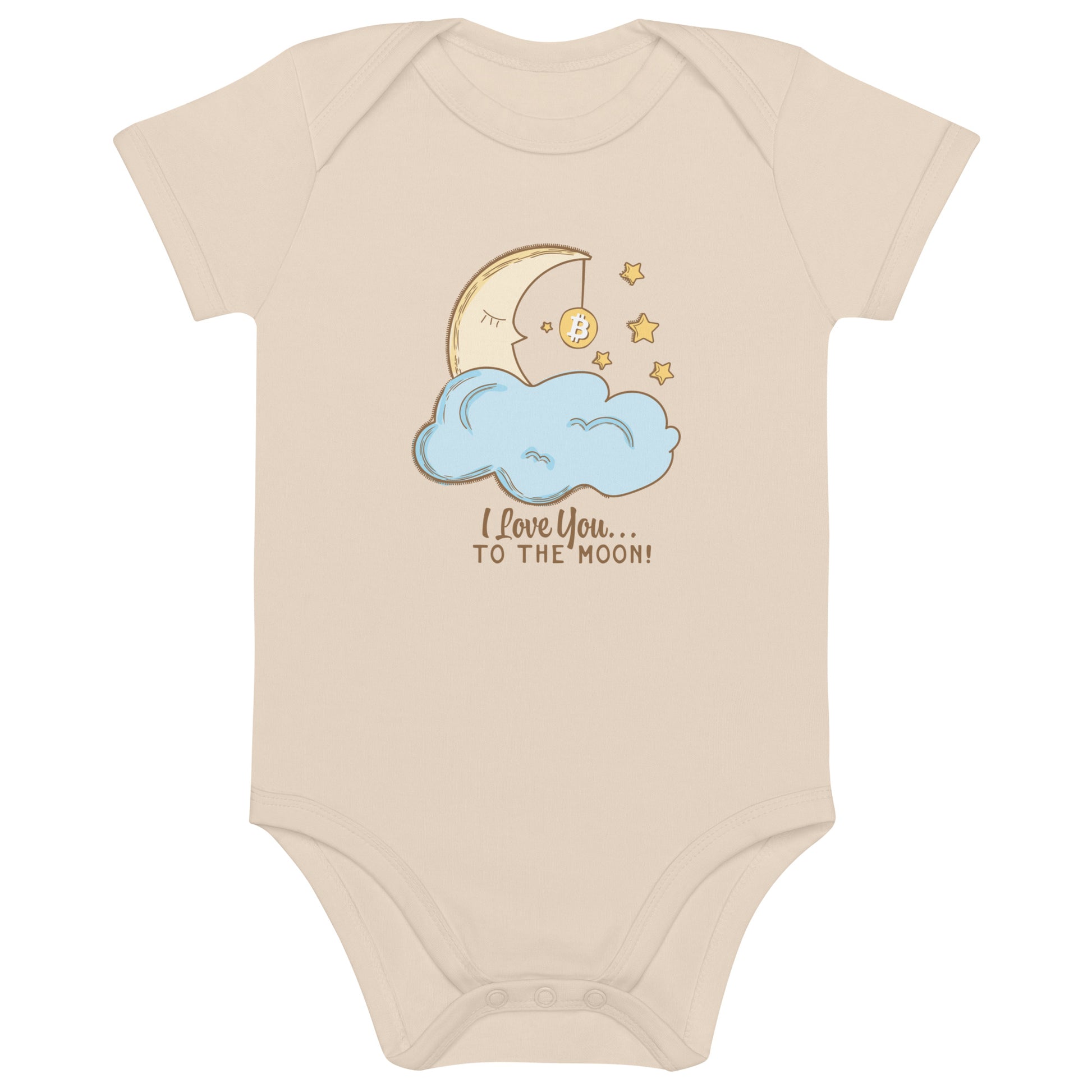 Beige baby onesie with moon and cloud i love you to the moon bitcoin design and text on a white background