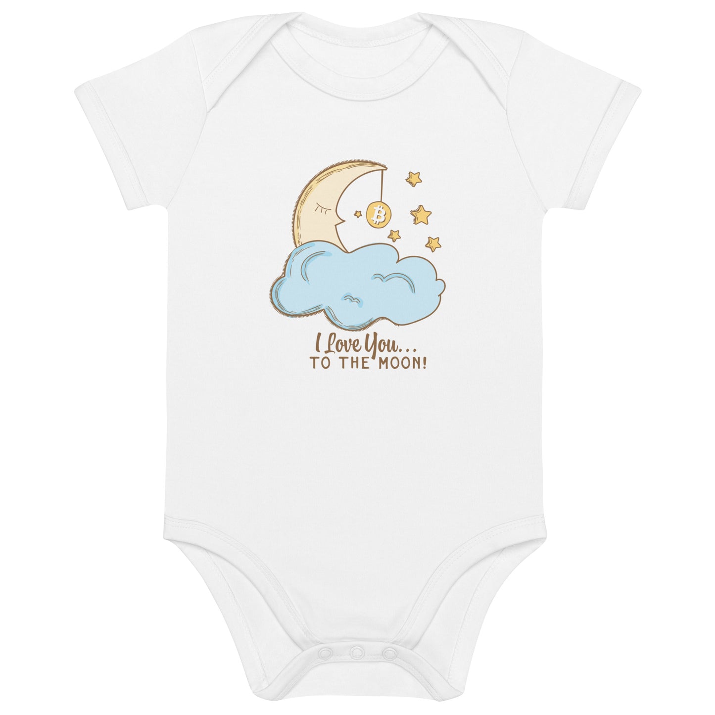 White baby onesie with a moon, cloud, and star i love you to the moon bitcoin design on a white background