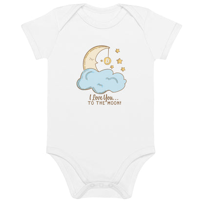 White baby onesie with a moon, cloud, and star i love you to the moon bitcoin design on a white background